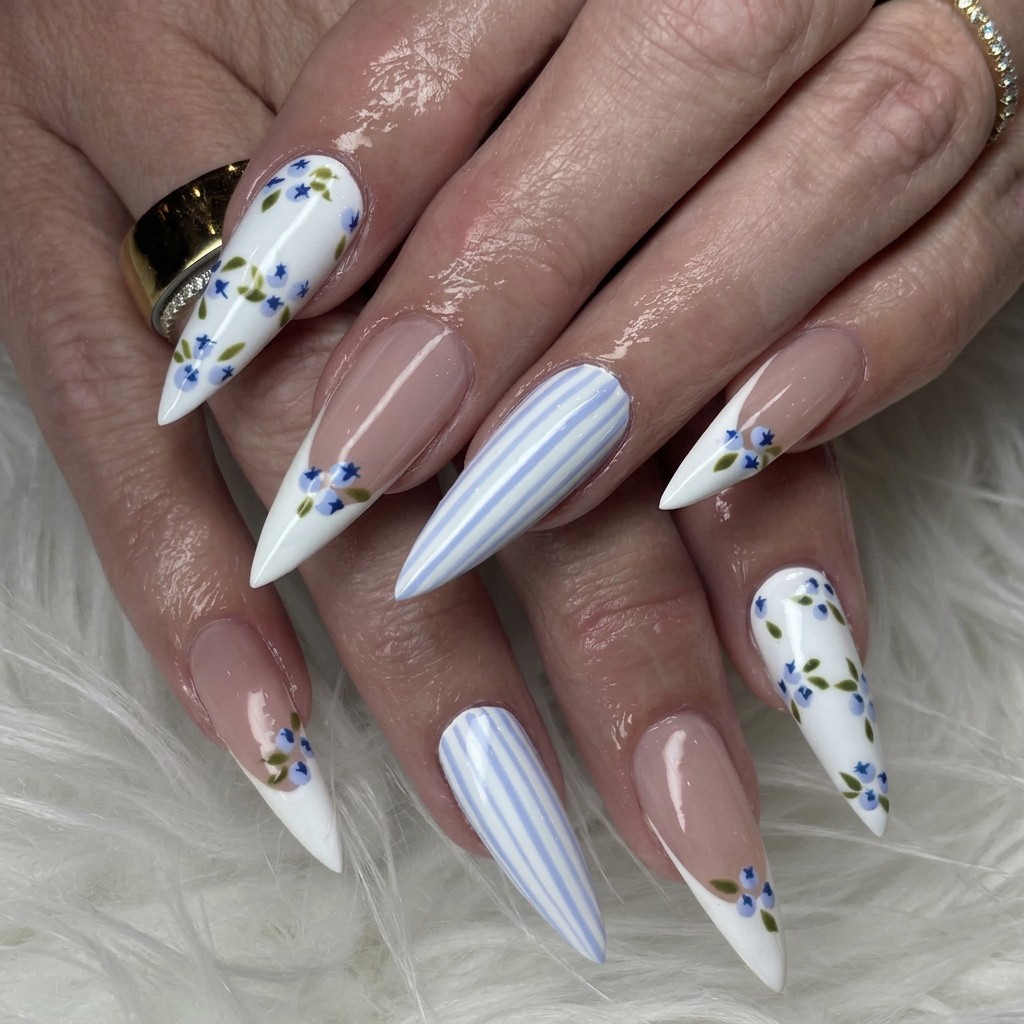 Blue floral and striped French tips