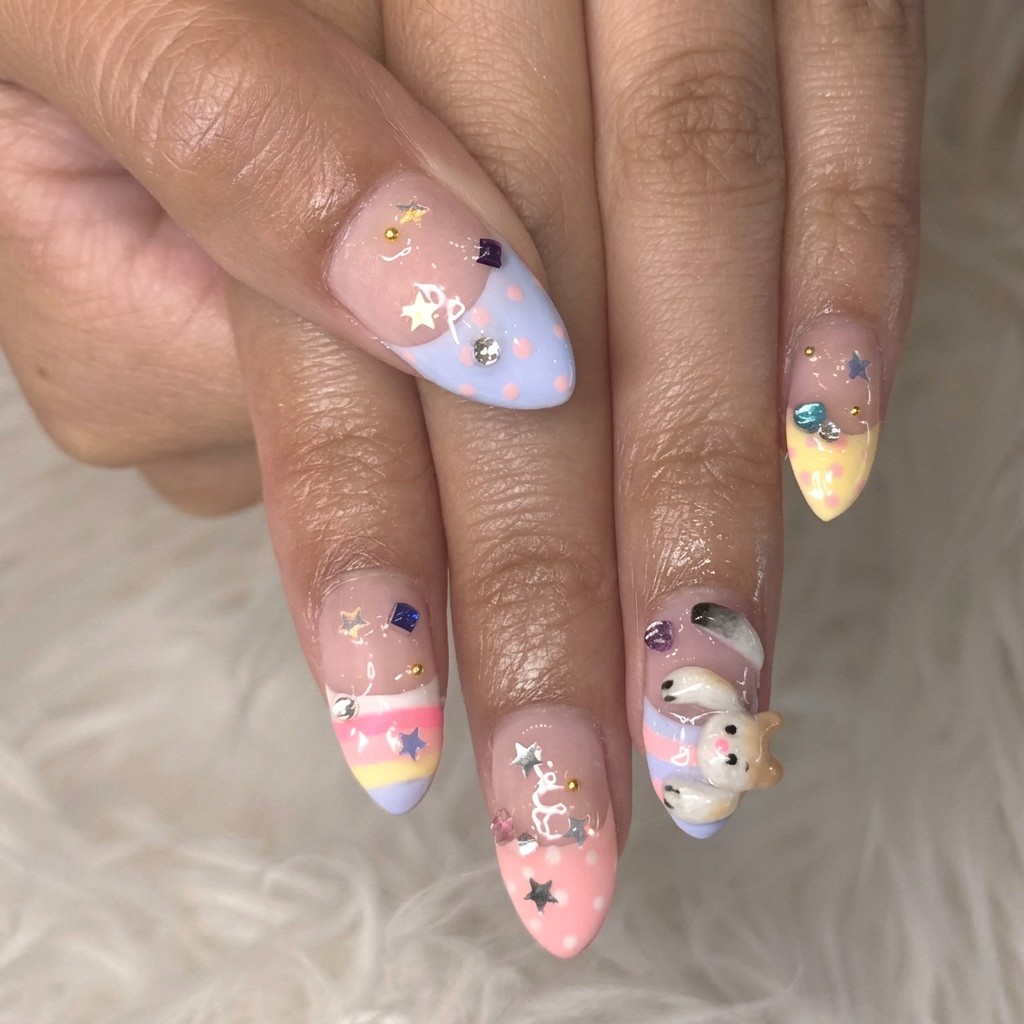 Pastel nail art with stars and a bunny charm