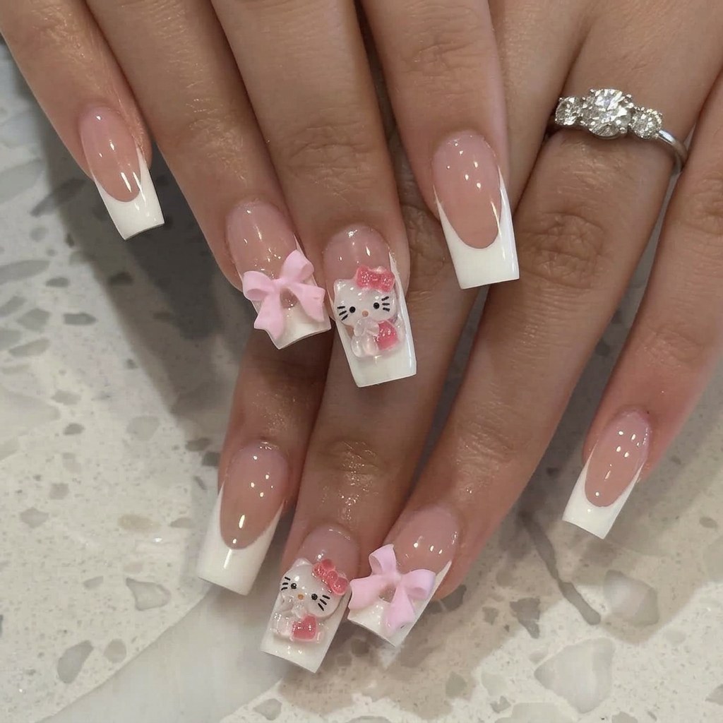 White French tips with sculpted pink bows and character nail art